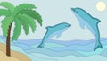 Vector. Palm tree on the ocean coast. Two dolphins jump out of the water. Background in paper cut Royalty Free Stock Photo